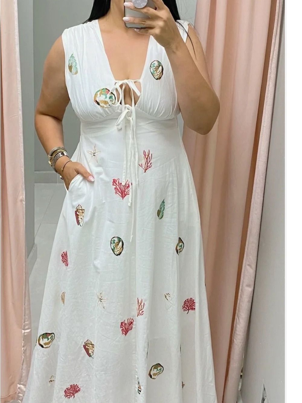 White Maxi Dress with Shell & Coral Print